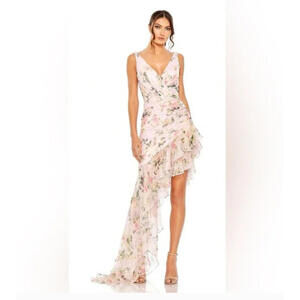 NWT Mac Duggal Pink Floral Asymmetrical Ruffle Hem Dress Size 8